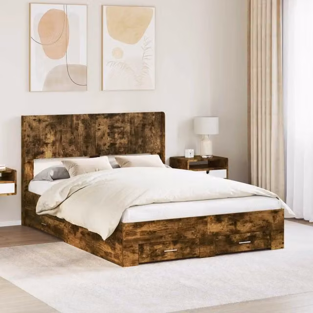 Letto moderno con contenitore e testata vidaXL in legno Rovere Fumo L: 140,0 cm, P: 193,0 cm, H: 146,5 cm