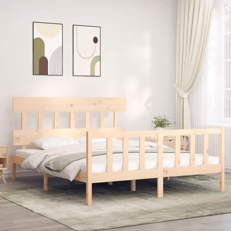 The Living Store Letto in legno massiccio con testiera 160x200 cm