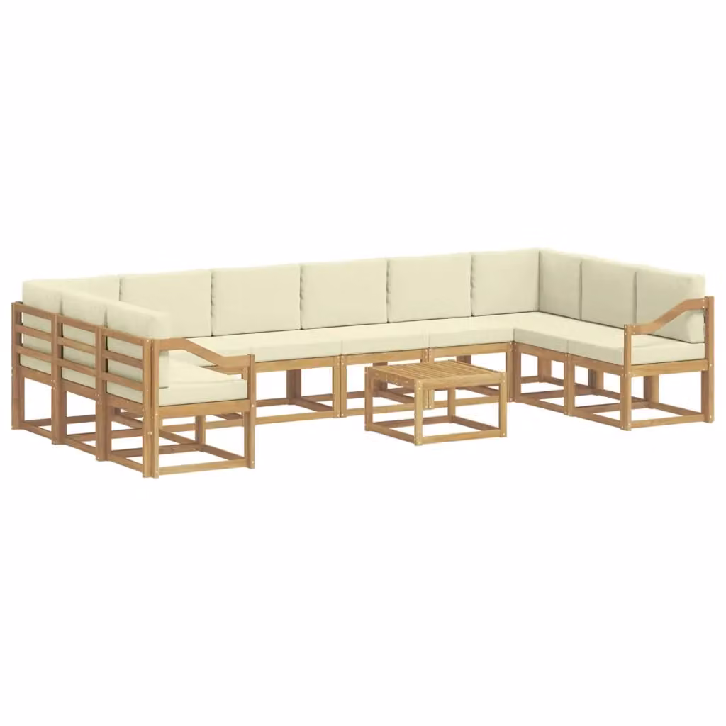 Set di divani da esterno vidaXL a forma di L composto da 11 pezzi con tavolino da caffè, in legno di acacia trattato e tessuto bianco e beige – 2