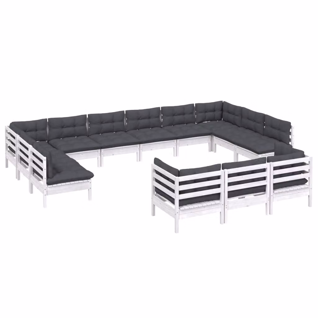 Set Divani da Giardino 13 pz con Cuscini Bianchi Legno di Pino