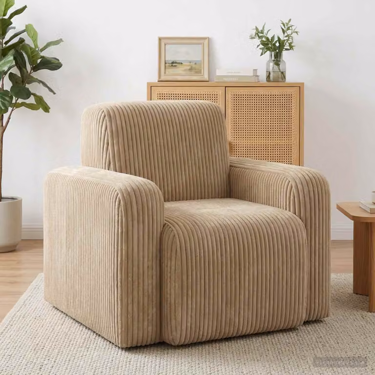 Poltrona moderna vidaXL in velluto a coste color beige e grigio con braccioli e seduta in schiuma per soggiorno o camera da letto