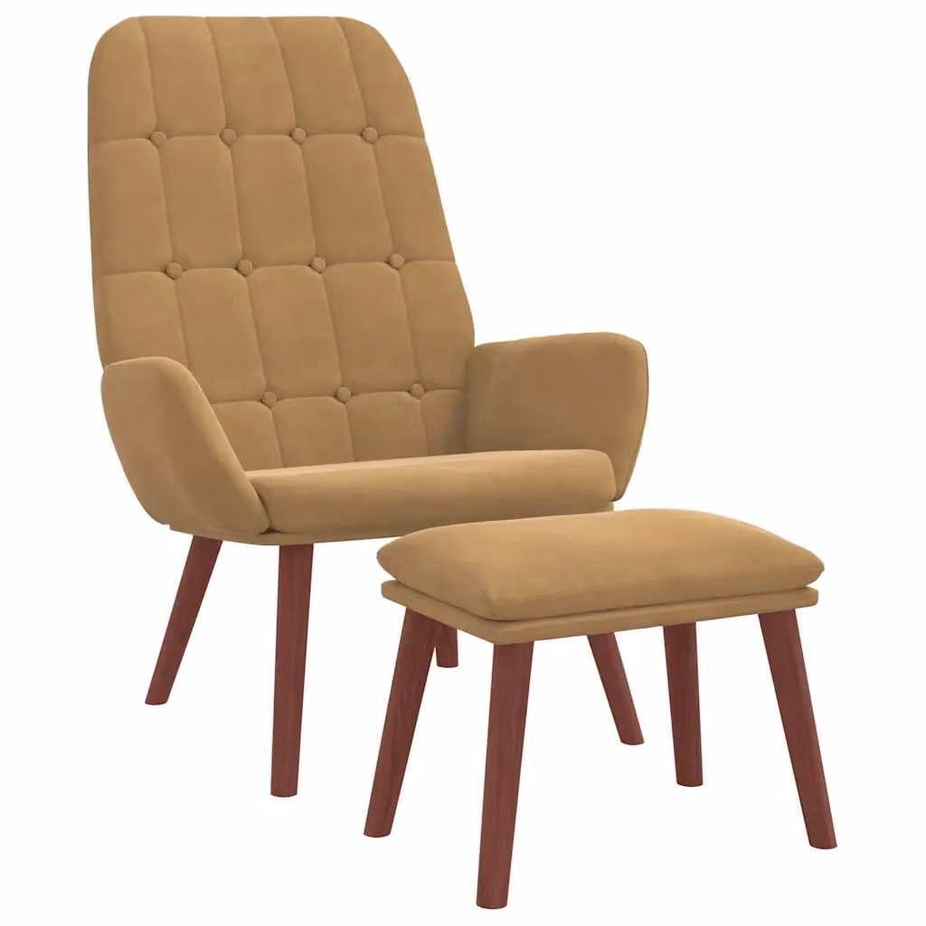Poltrona Relax con Poggiapiedi in Velluto Marrone e Beige con Braccioli e Struttura in Legno e Metallo – 2