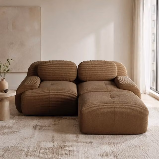 Divano angolare modulare 208x178x70 cm in velluto a coste marrone, per spazi piccoli –