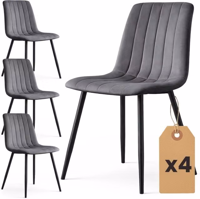 Set di 4 sedie LIVO in velluto trapuntato colore grafite scuro con gambe in metallo nero per sala da pranzo e cucina – 1