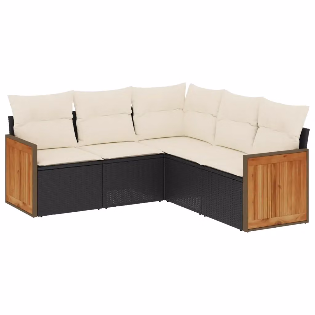 vidaXL Set Divano da Giardino a L 5 pz in Polyrattan e Legno di Acacia con Cuscini Bianchi e Nero – 2