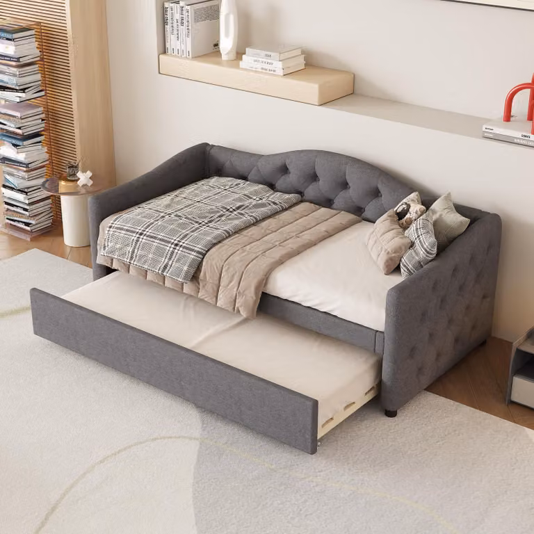 Flieks divano letto imbottito 90x200cm con sottolavello, letto giovanile letto singolo con rete a doghe, divano letto classico, lino, grigio