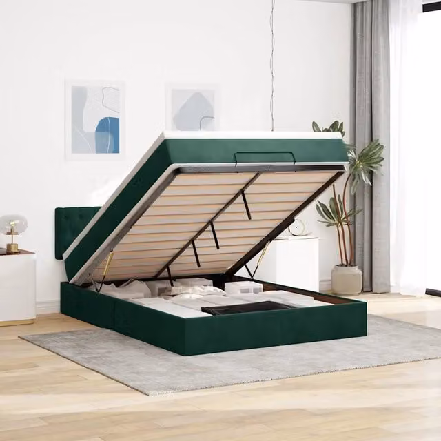 Letto con contenitore a sollevamento vidaXL in velluto verde con materasso e porta USB L/P/H: 193 x 144 x 88 cm