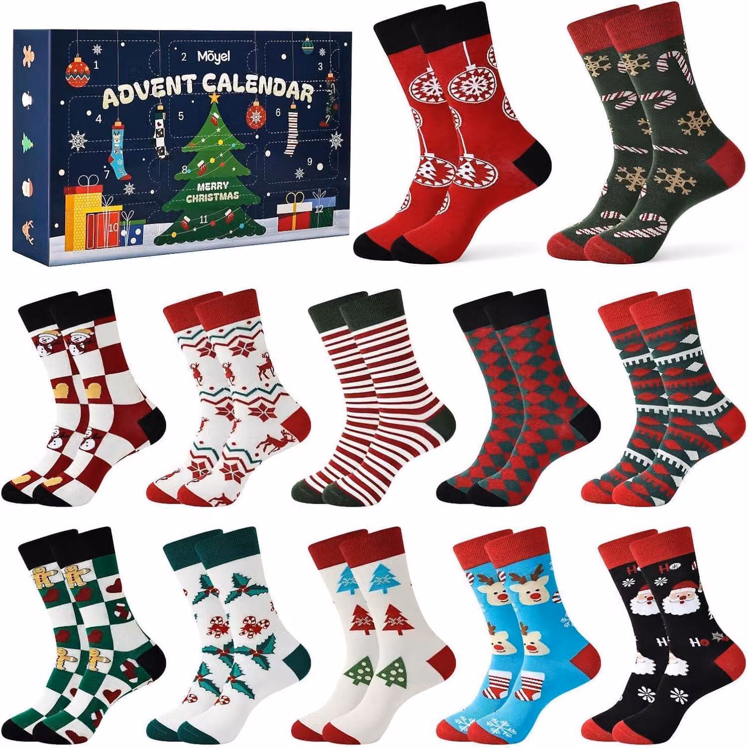 Calendario dell'Avvento, calze da uomo, regalo, multicolore, 12 paia, taglie 43-46