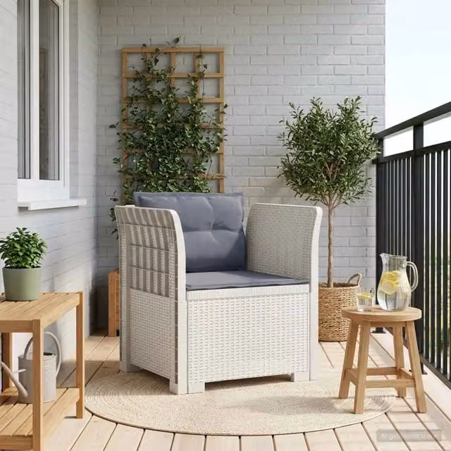 Poltrona da giardino a 1 posto con cuscini in stile rattan bianco e grigio per esterno – 1
