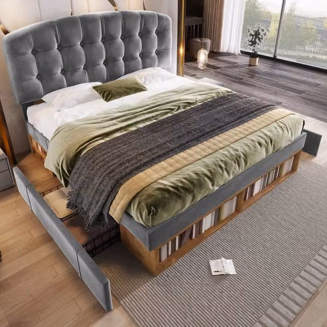 Letto Matrimoniale Imbottito con Cassetti ¨C Xylo ¨C Velluto Grigio 140x200
