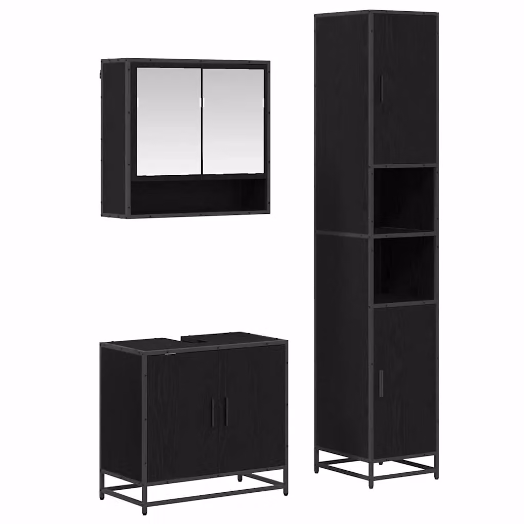 Set di mobili per il bagno vidaXL 3 pezzi in rovere e nero con armadietto a specchio, mobile lavabo e colonna alta – 2