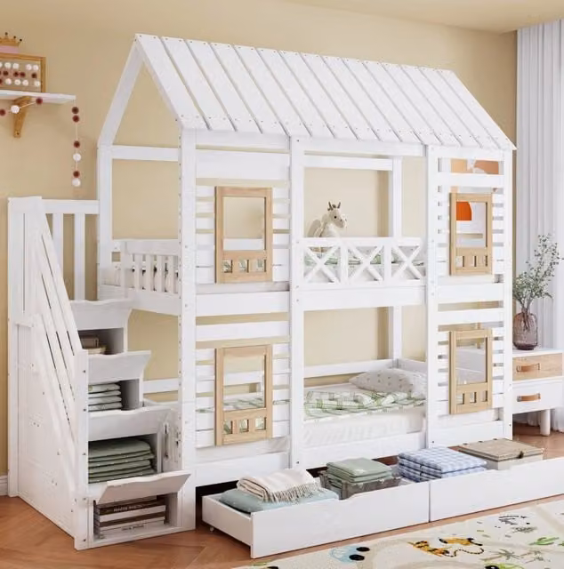 Letto a castello per bambini MODFU con struttura a casetta, scale contenitore e 2 cassetti, bianco, L/P/H: 200 x 90 cm