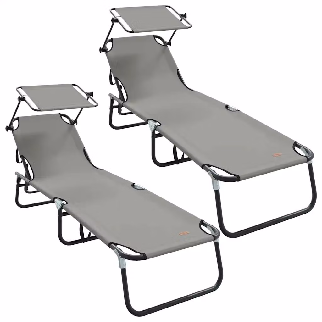 Set di 2 lettini prendisole pieghevoli vidaXL con parasole e poggiatesta regolabile, colore grigio – 2