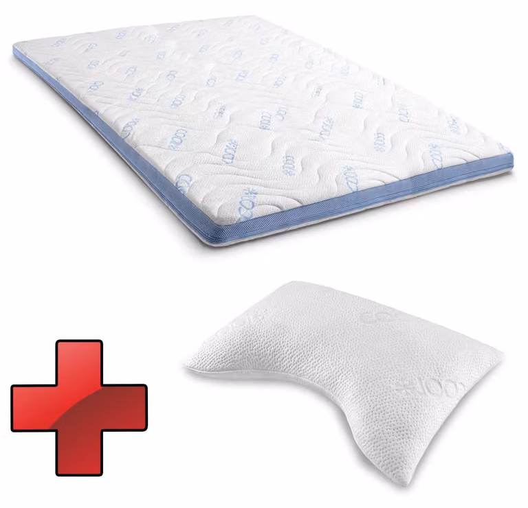 Topper in schiuma a memoria fredda CloudComfort Cool, 160 x 200 cm, altezza 7 cm, rigidità H2/H3, topper a 7 zone con lato estivo e lato invernale + cuscino ergonomico Sleezzz® Cool Gel per il collo, 40 x 60 x 16 cm