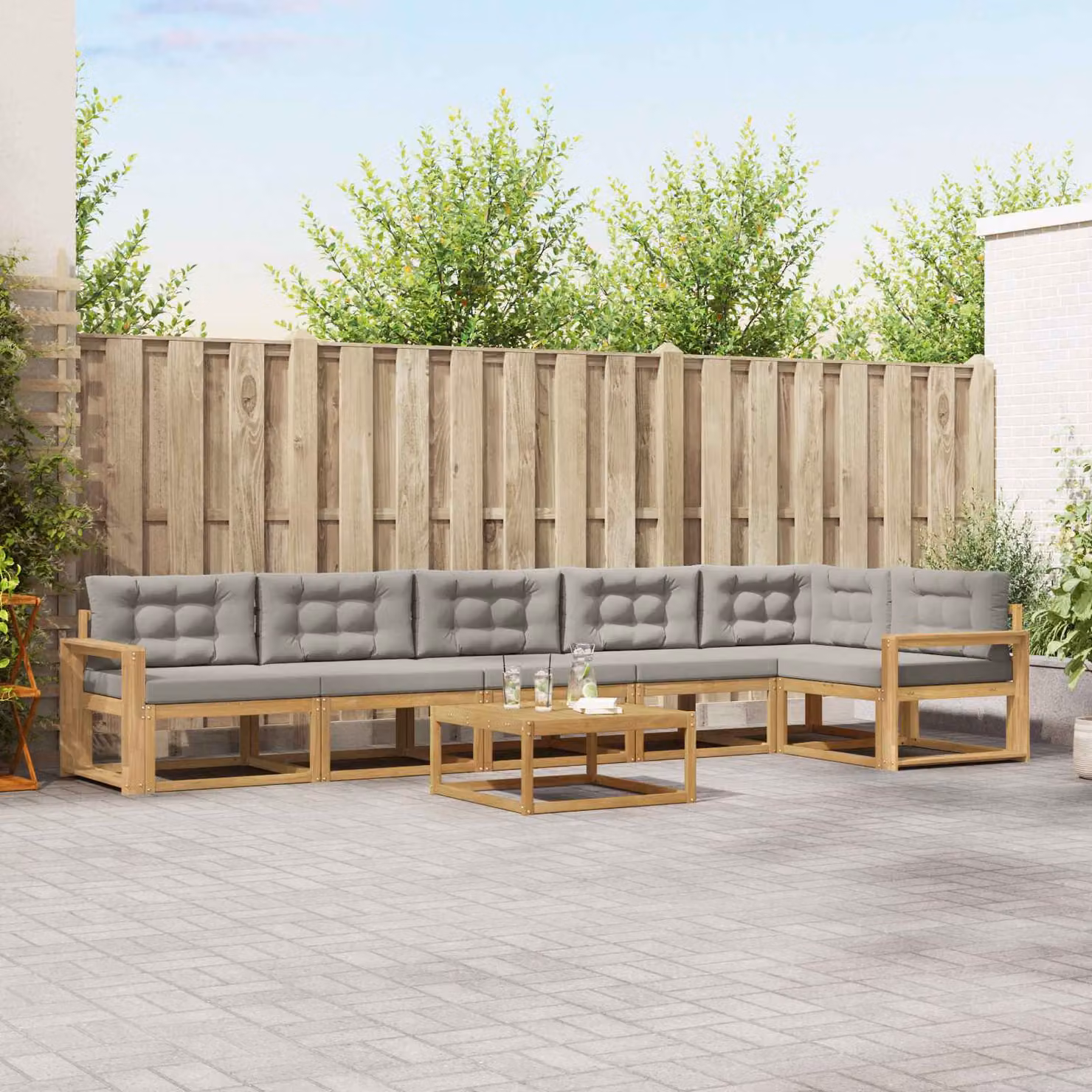 Set di divani da esterno vidaXL a forma di L composto da 7 pezzi con tavolo da caffè, in legno di acacia e tessuto resistente ai raggi UV, Bianco e Grigio Chiaro