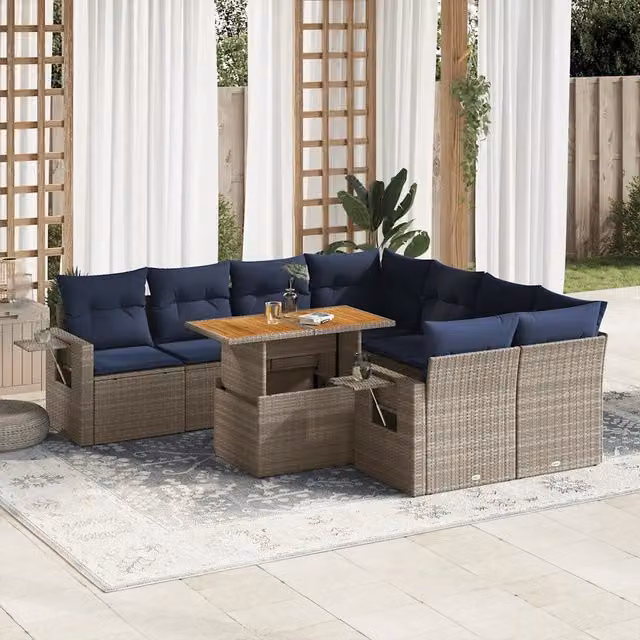 Set Divano da Giardino 9 pz con Cuscini Grigio in Polyrattan 3327134