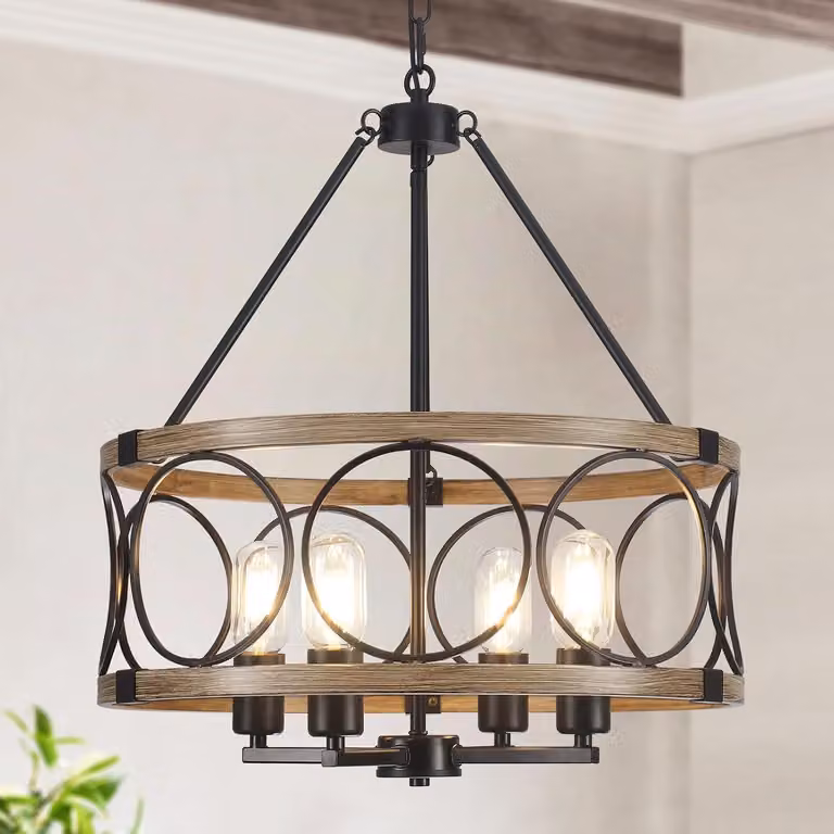 Lampada a sospensione, 4 luci, attacco E27, colore nero, aspetto legno, diametro 45 cm