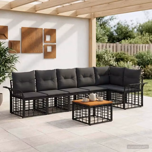Set di divani da esterno 7 pz Nero e Grigio scuro Poliestere 3437693