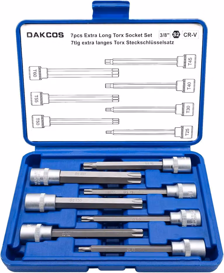Set di chiavi a bussola Torx, 7 pezzi, extra lunghe (110 mm), dimensioni T25-T60, attacco 3/8", per lavori di avvitatura