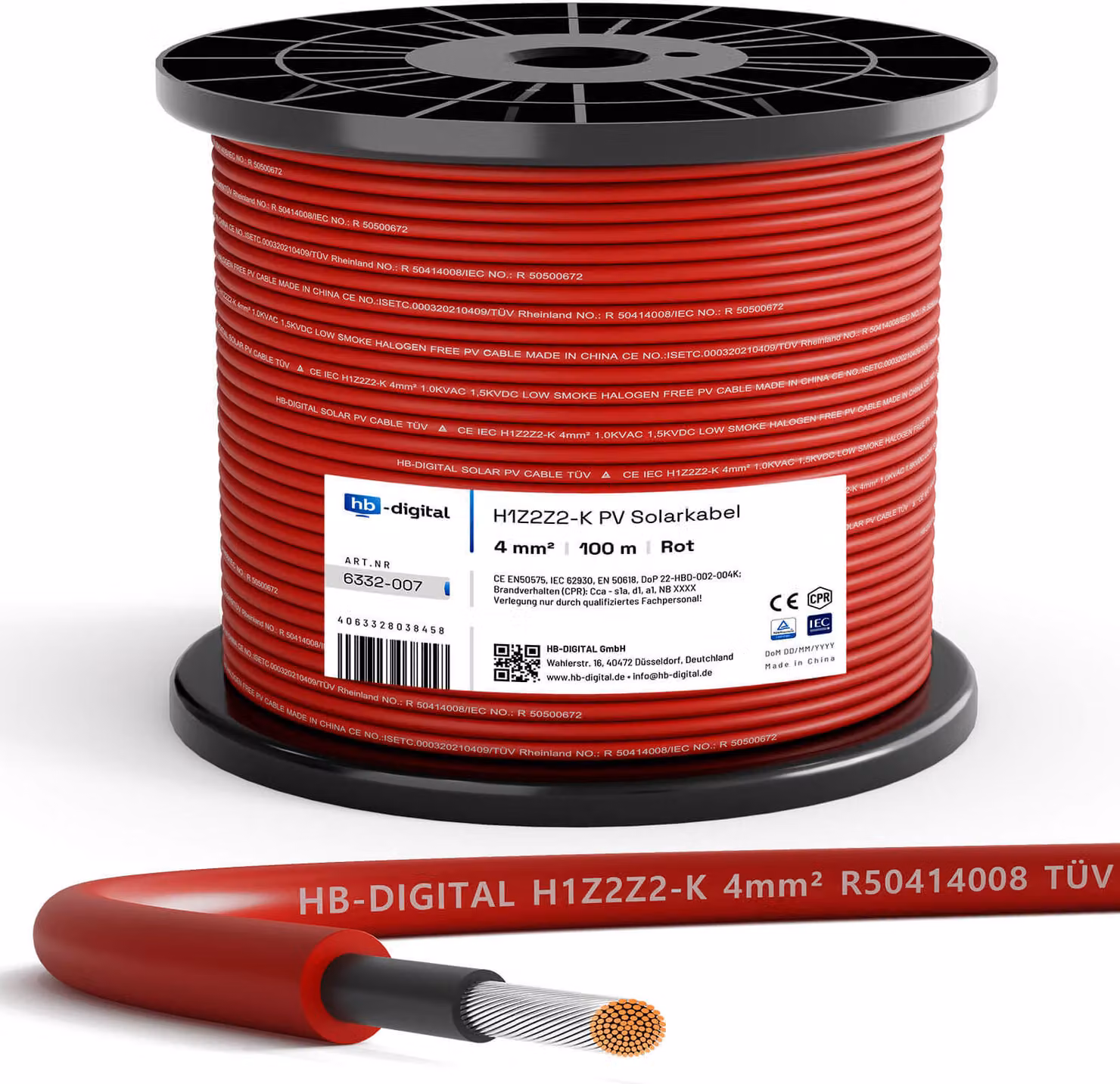 Cavo solare da 100 m H1Z2Z2-K, 4 mm², cavo fotovoltaico per impianti fotovoltaici, rosso