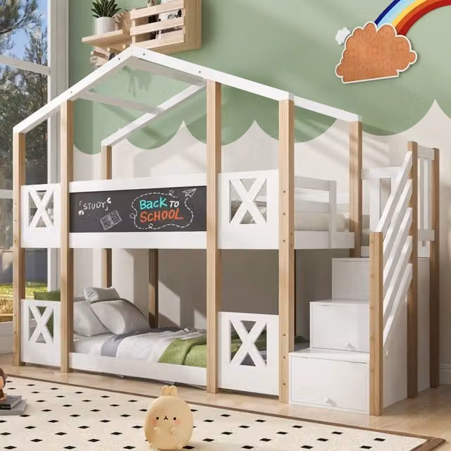 Letto a soppalco a casetta 90x200 cm con scala contenitore; tavoletta; bianco/naturale