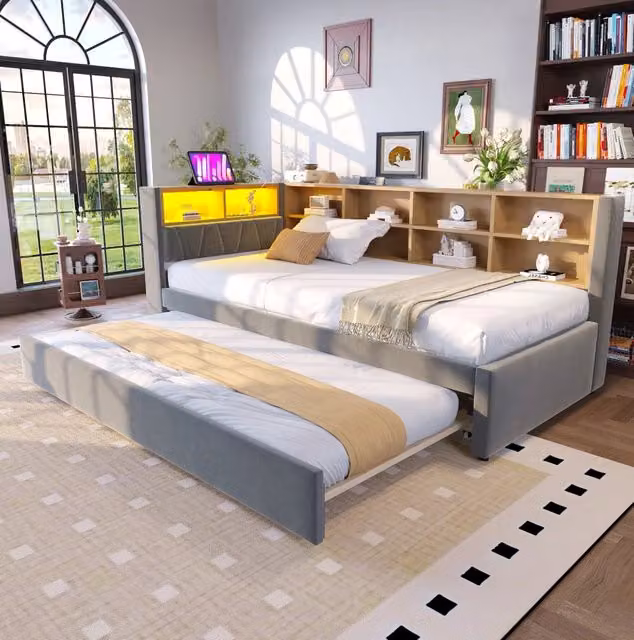 Divano letto singolo ULEVR 90x200 cm con letto estraibile 90x190 cm, LED, USB, Type-C e prese, grigio scuro