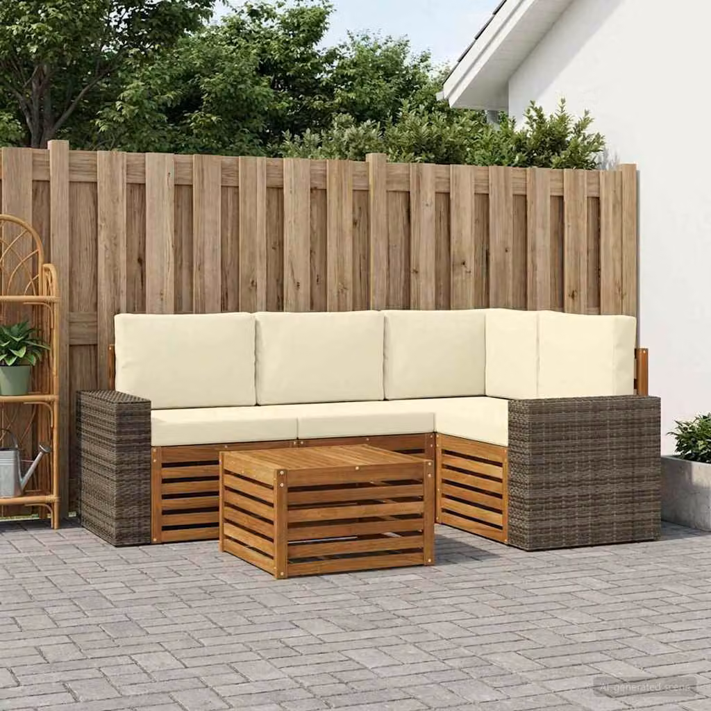 Set di divani da esterno vidaXL a forma di L con tavolino da caffè, composto da 5 pezzi in legno di acacia e tessuto beige e marrone