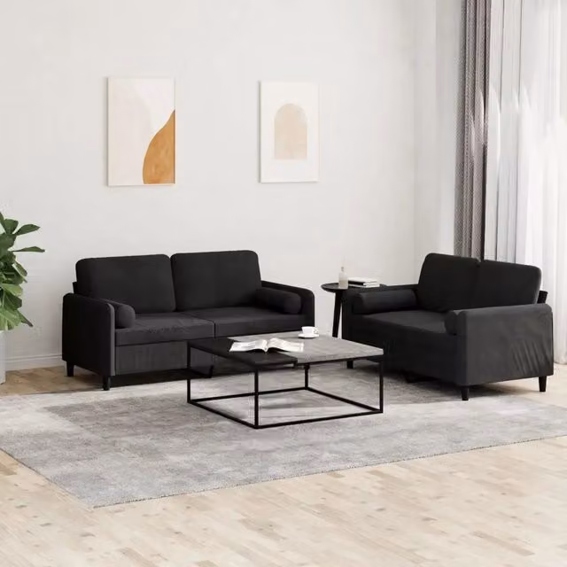 Set di 2 divani vidaXL in velluto nero con cuscini per soggiorno in stile moderno