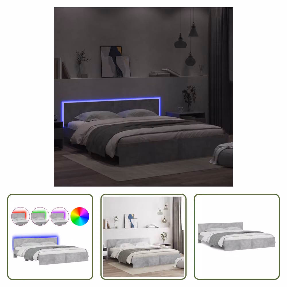 The Living Store Struttura letto con testiera e illuminazione LED grigio cemento