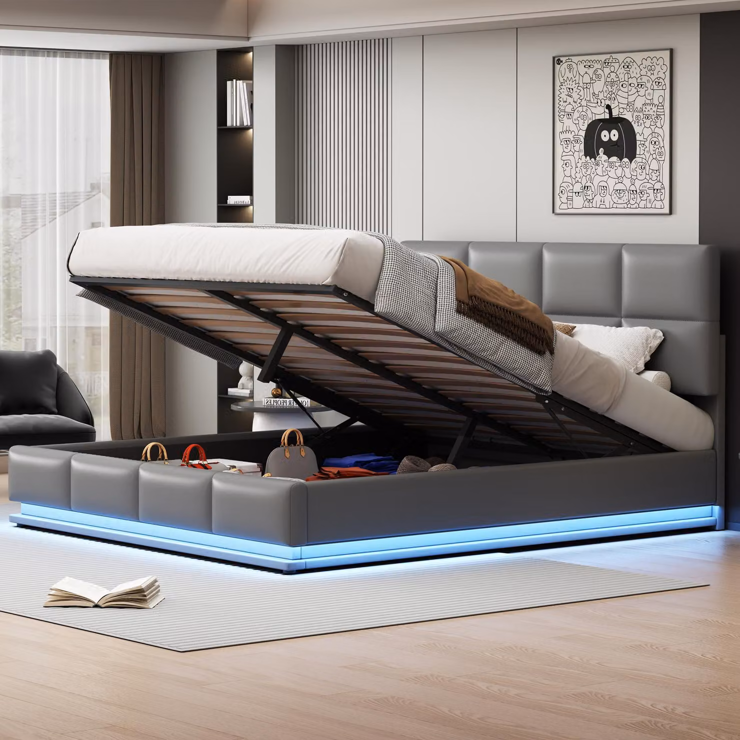 Letto matrimoniale idraulico Merax 180x200 cm con illuminazione a LED, struttura in ecopelle, completo di rete a doghe, ideale per ragazzi, colore grigio chiaro