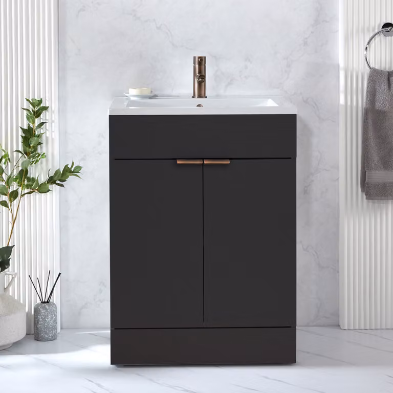Mobile Bagno a Terra Grigio Nero da 610mm con Lavabo e Maniglie con Impugnatura a Dito in Bronzo Spazzolato - Cluo