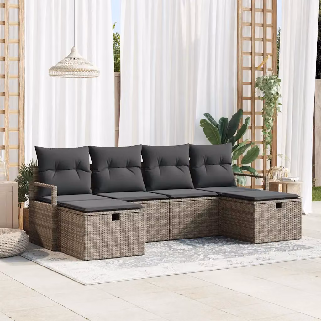 Set di divani da giardino vidaXL a forma di L in rattan grigio con cuscini e pouf – 1