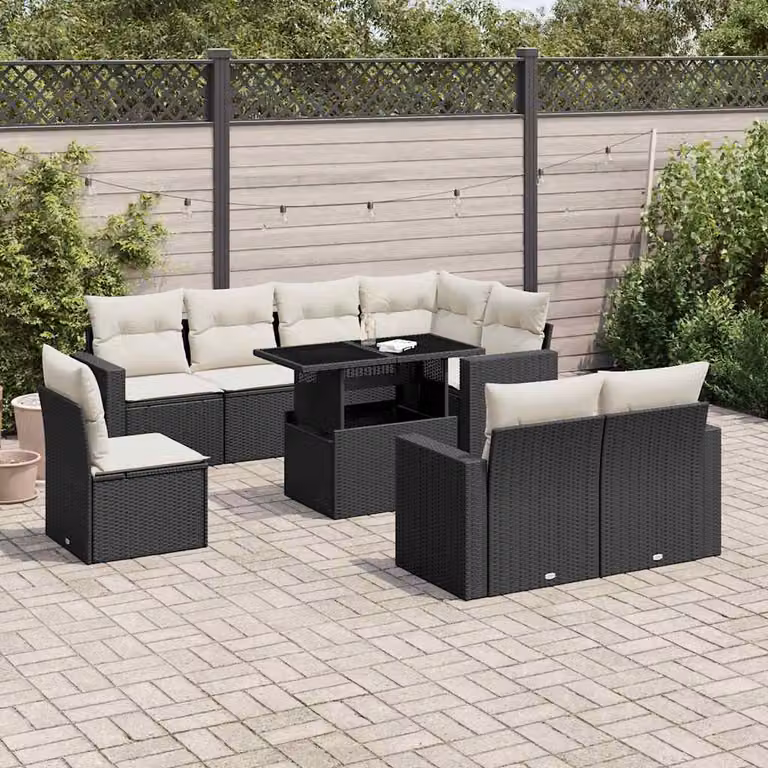 vidaXL Set Divani da Giardino a L 9 pz in Polyrattan Nero con Cuscini e Tavolino da Esterno