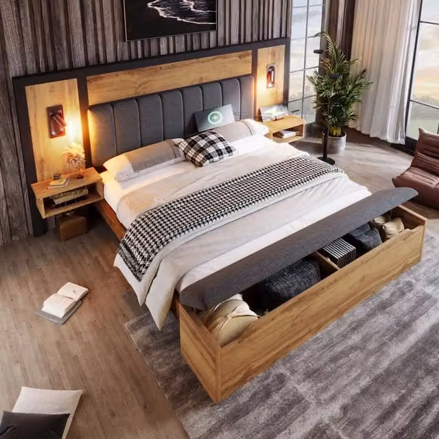 Letto matrimoniale 160 × 200 cm con comodini USB e Type-C; luci da lettura e panca contenitore rovere