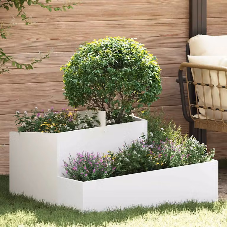 vidaXL Vaso da giardino in metallo Bianco L: 80 cm, P: 80 cm, H: 50 cm
