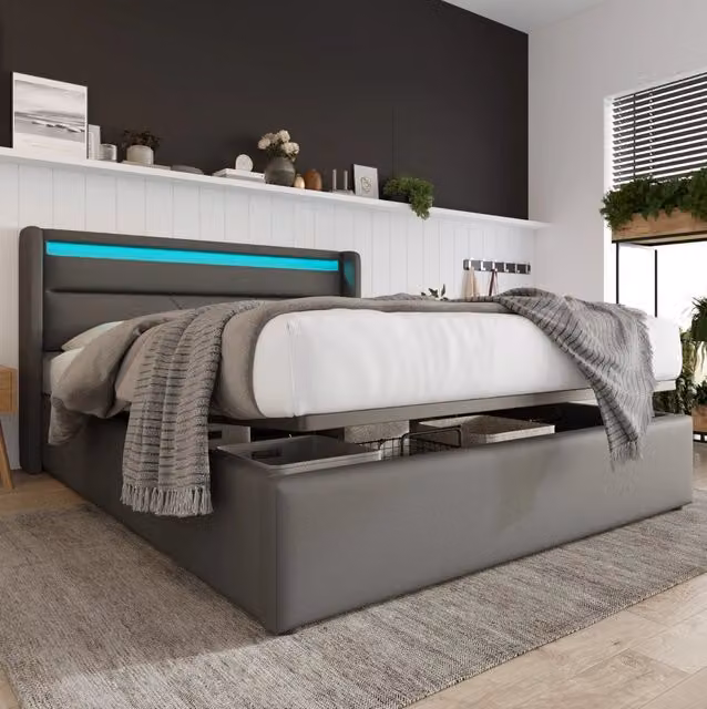 Letto contenitore imbottito 160x200 cm con LED e telecomando