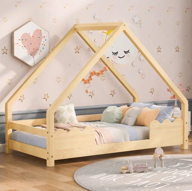 Letto casetta per bambini 90x200 cm in legno massello di pino naturale con letto estraibile