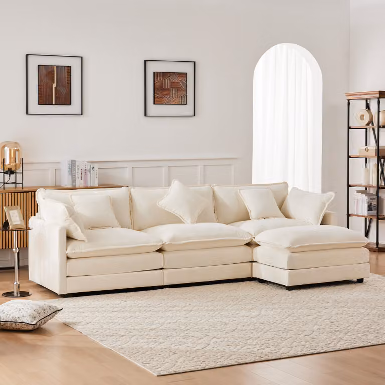 Abrihome Divano ad angolo a L 3-4 posti Divano-283x147x84 cm con poggiapiedi e cuscini semi-fissi, ciniglia, beige