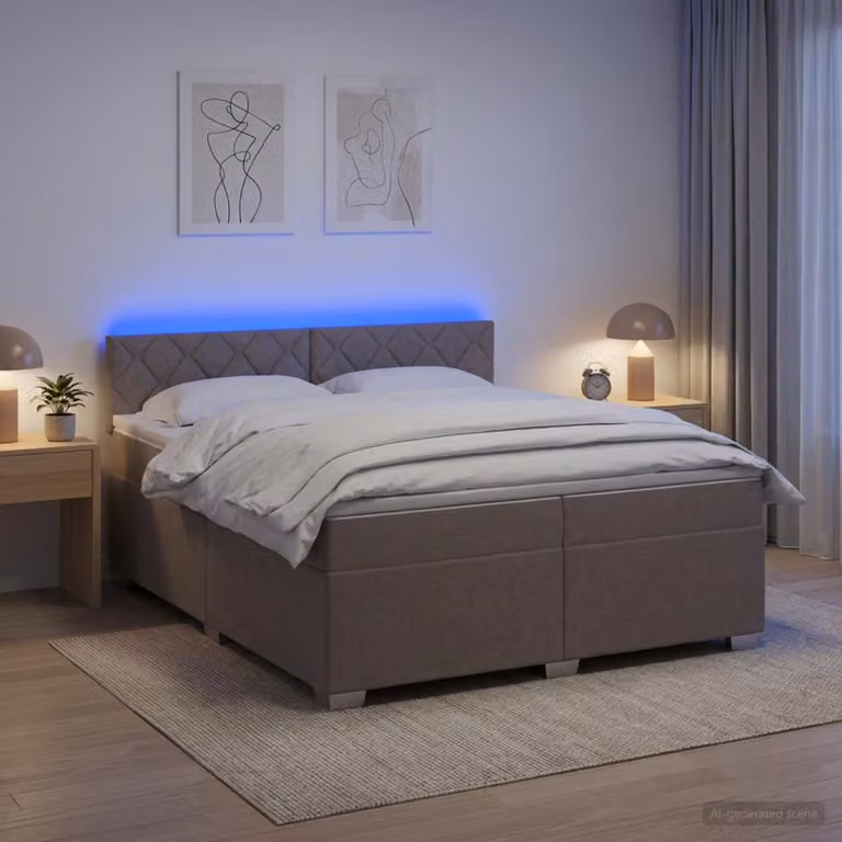 vidaXL Letto con Box Spring, Materasso Ibrido e Illuminazione LED con Porta USB, Grigio/Beige, L/P: 200 x 200 cm