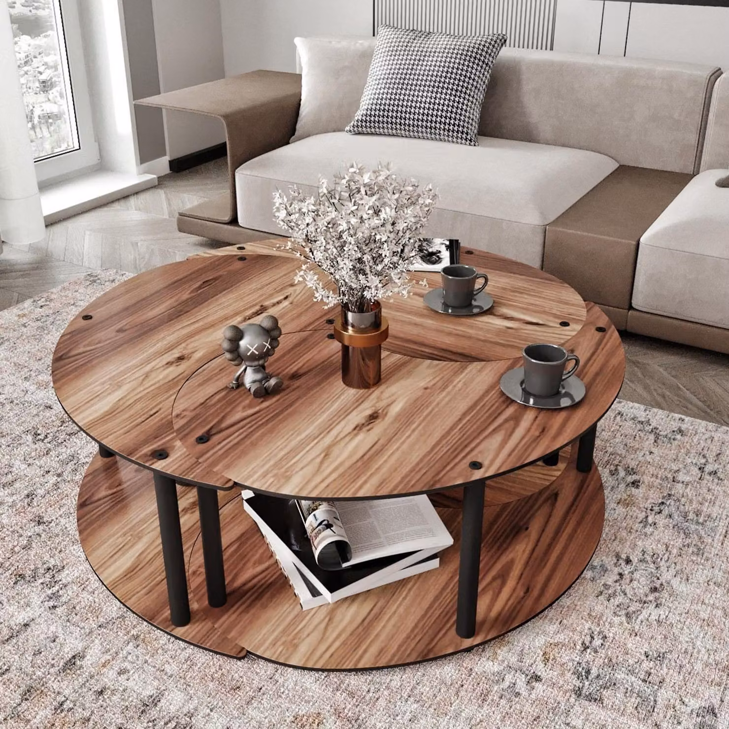 Gignese - Tavolino da Salotto, 70x70x38h cm Marrone Rovere Scuro, set 3 Pezzi