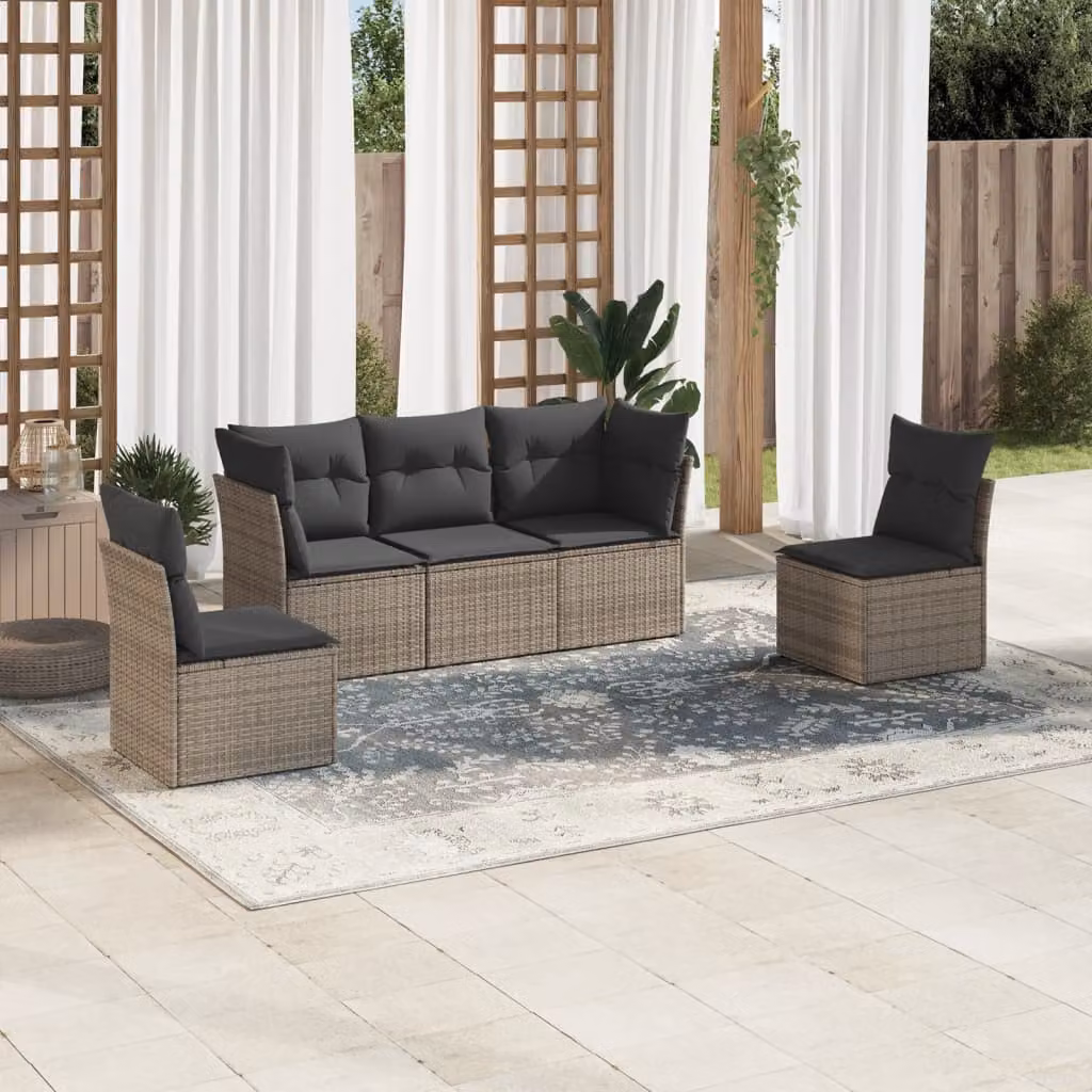vidaXL Set Divano da Giardino 5 pz a L in Polyrattan Grigio con Cuscini Imbottiti e Coperture Rimosse – 1