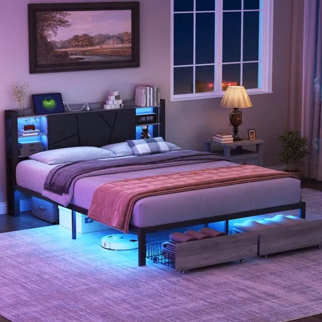 Letto matrimoniale 140x200 cm con testiera LED; USB e due cassetti neri