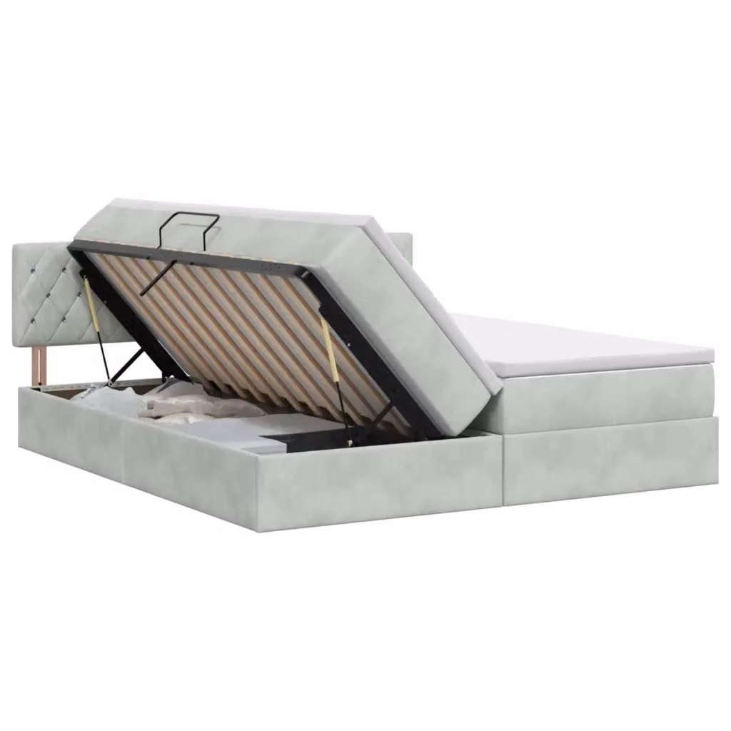 Letto con contenitore e testiera vidaXL in tessuto grigio e bianco, L/P/H: 200 x 200 x 88 cm – 2