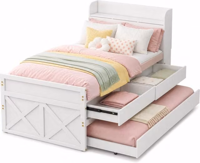 Letto singolo 90x190 cm con letto estraibile; cassetti e USB in legno massello bianco