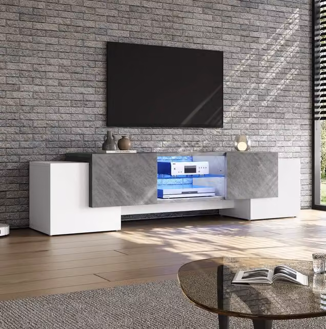mobile TV 180 x 40 x 46,5 cm bianco e grigio con LED Bluetooth e vani