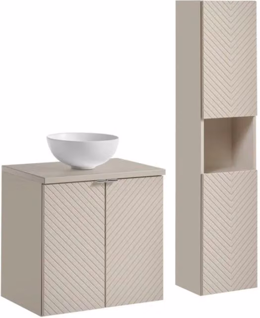 Insieme AOKI: mobile sottolavabo con armadietti 60cm + piano lavabo beige + lavabo rotondo bianco da appoggio + colonna