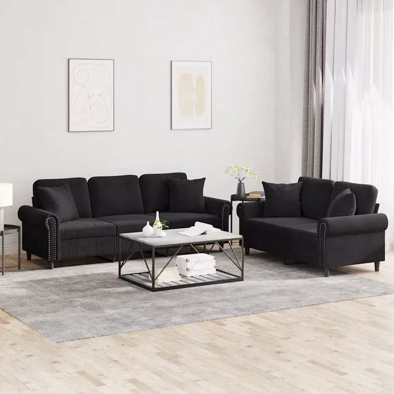 Set di 2 divani vidaXL in velluto nero con cuscini per soggiorno moderno