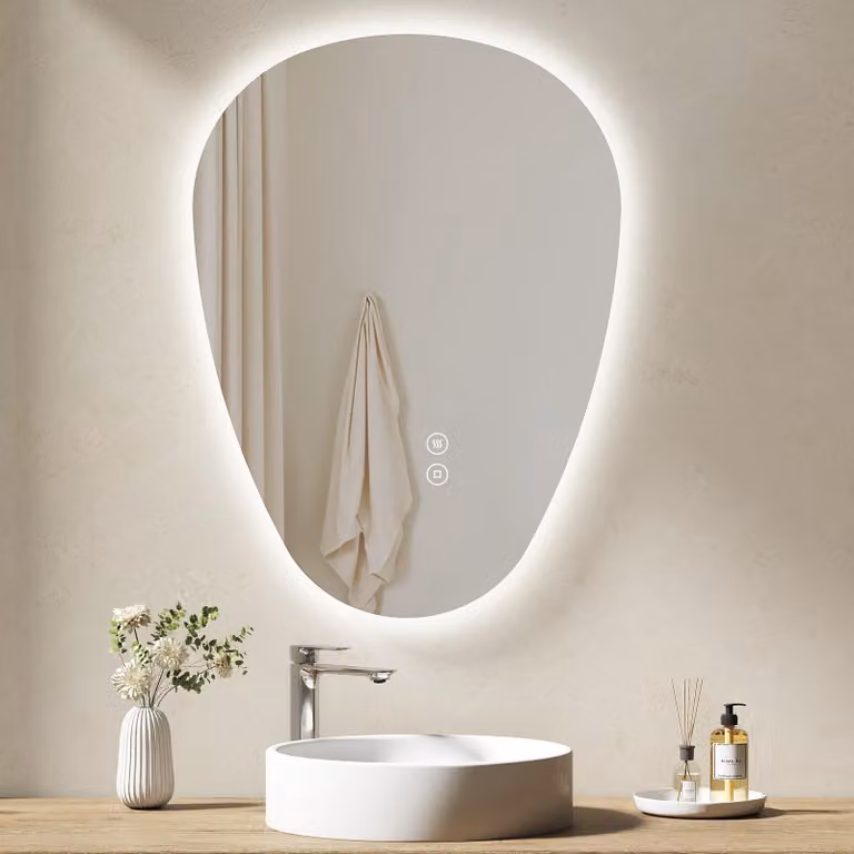 Specchio da bagno a LED, dimensioni 60x45 cm, asimmetrico, con interruttore touch e 3 tonalità di luce
