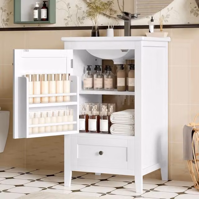 Mobile per bagno con lavabo in ceramica - Xylo - 51x46x85cm - Bianco - Vasca, ripiano regolabile, cassetto silenzioso