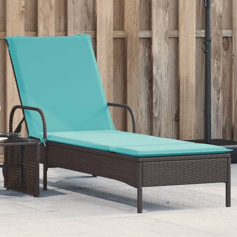 vidaXL Lettino prendisole in polyrattan nero con ruote e cuscino turchese e poggiatesta regolabile